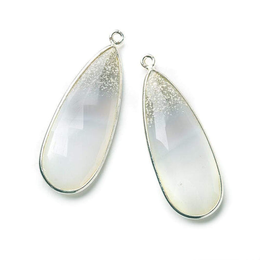 Sterling Silver Bezel Banded White Agate Elongated Faceted Pear Set of 2 Pendants 36x15mm