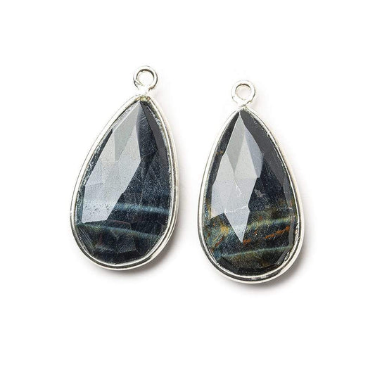 Sterling Silver Bezel Black Tiger's Eye Faceted Pear Set of 2 Pendants 23x13mm