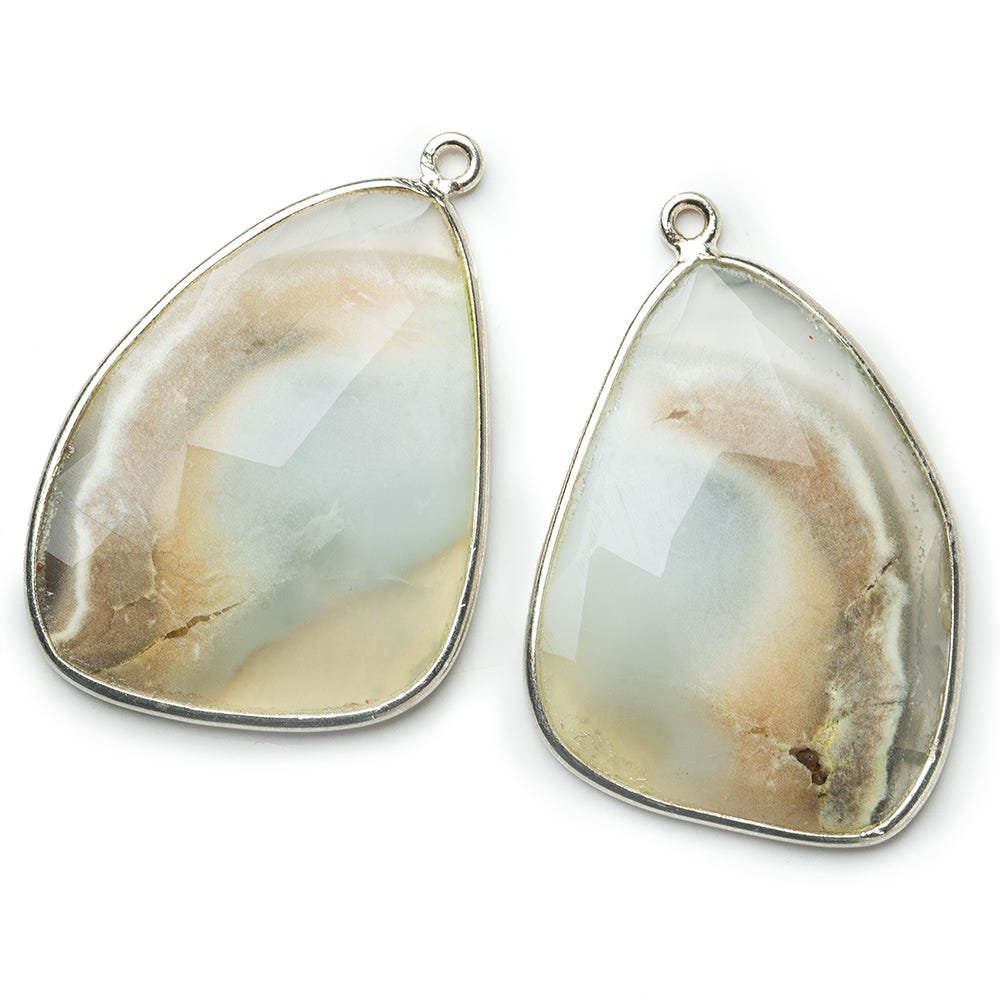 Sterling Silver Bezel Cream Agate Faceted Freeform Shape Set of 2 Pendants 32x25mm