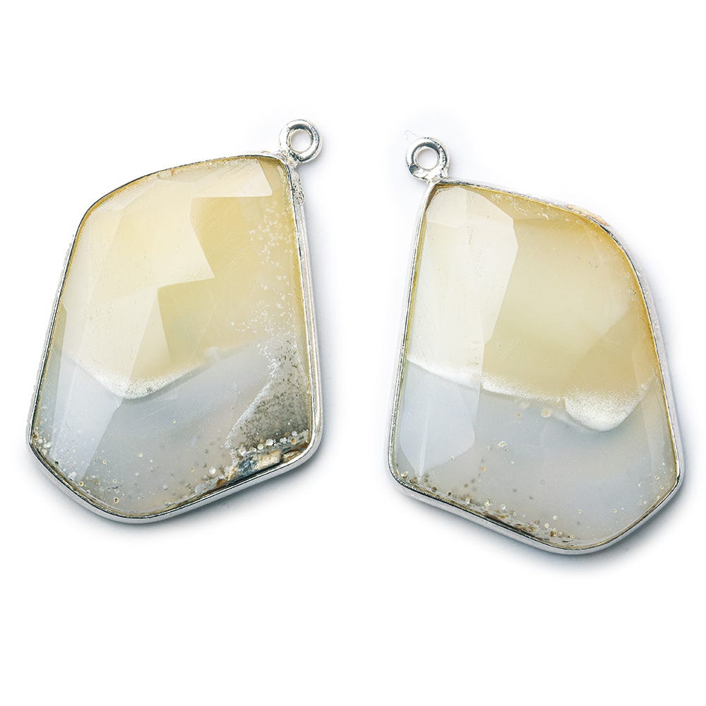 Sterling Silver Bezel Cream Agate Faceted Freeform Shape Set of 2 Pendants 33x26mm