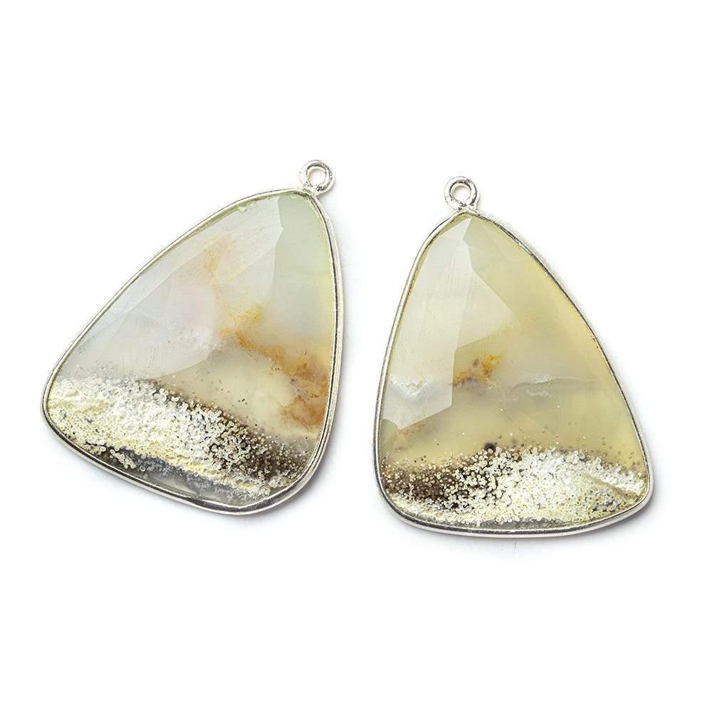 Sterling Silver Bezel Cream Agate Faceted Freeform Shape Set of 2 Pendants 34x28mm