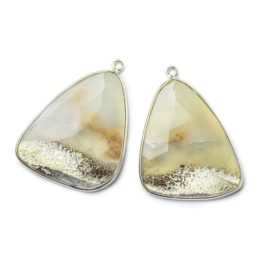 Sterling Silver Bezel Cream Agate Faceted Freeform Shape Set of 2 Pendants 34x28mm