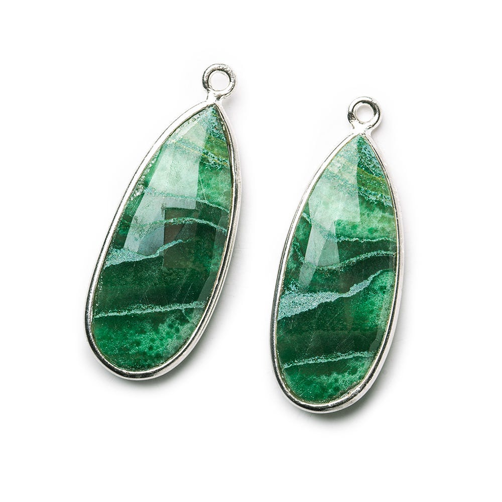 Sterling Silver Bezel Dyed Green Agate Elongated Faceted Pear Set of 2 Pendants 28x18mm