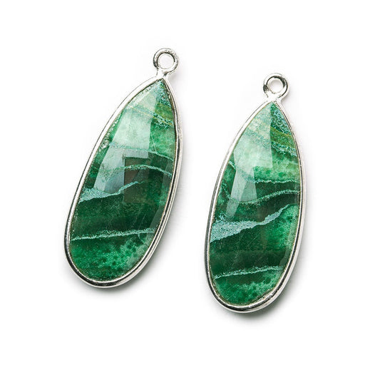 Sterling Silver Bezel Dyed Green Agate Elongated Faceted Pear Set of 2 Pendants 28x18mm