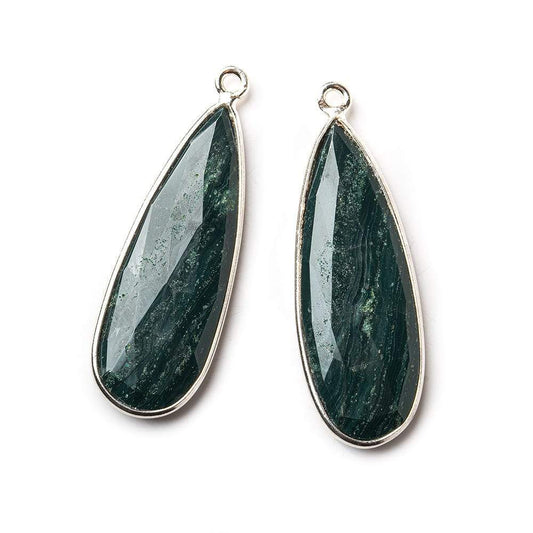 Sterling Silver Bezel Green Jasper Elongated Faceted Pear Set of 2 Pendants 33x12mm