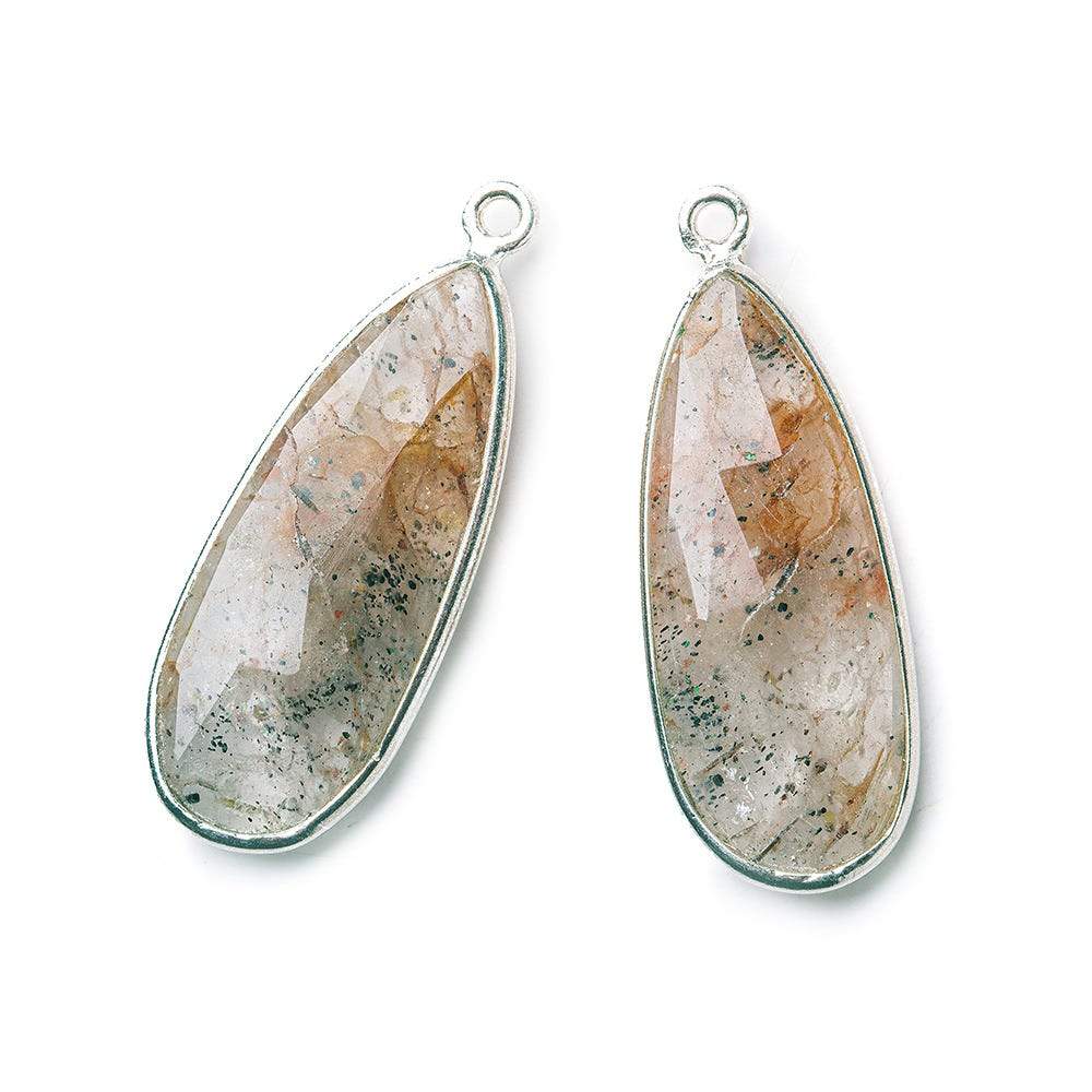 Sterling Silver Bezel Rutilated Quartz Elongated Faceted Pear Set of 2 Pendants 30x12mm