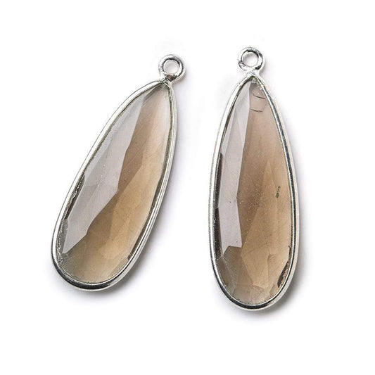 Sterling Silver Bezel Smoky Quartz Elongated Faceted Pear Set of 2 Pendants 30x12mm