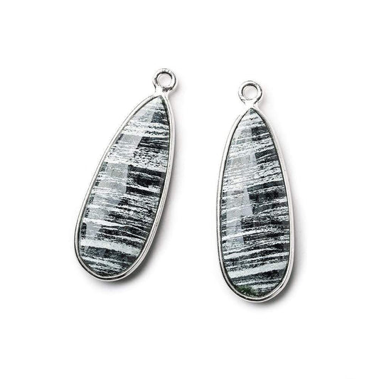 Sterling Silver Bezel Zebra Jasper Elongated Faceted Pear Set of 2 Pendants 28x11mm