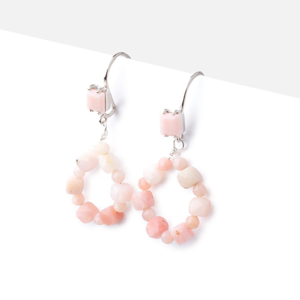 Sterling Silver Pink Peruvian Opal Bevel Faceted Square Earwire Set of 2 pieces