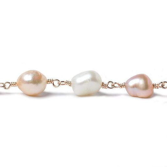 TriColor Baroque Pearl Rose Gold plated Chain by the foot 19 pieces