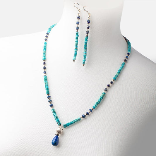 Turquoise and Lapis Lazuli Antiqued Silver Necklace and Earring Set